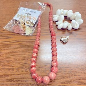 Fashion Jewelry Bundle Pink Beaded Necklace, Shell Bracelet, Earrings, Sz 7 Ring